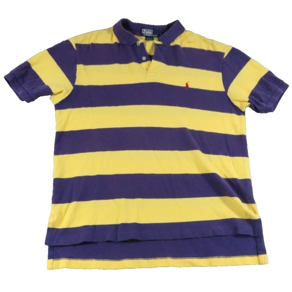 Polo Ralph Lauren Mens L Purple Yellow Stripe Pique Cotton Polo Shirt LSU Lakers